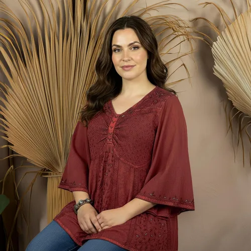Vista 3 de Agan Traders Blusas bordadas bohemias de primavera 2025 para mujer, con cuentas de mariposa, manga acampanada, tops para mujer