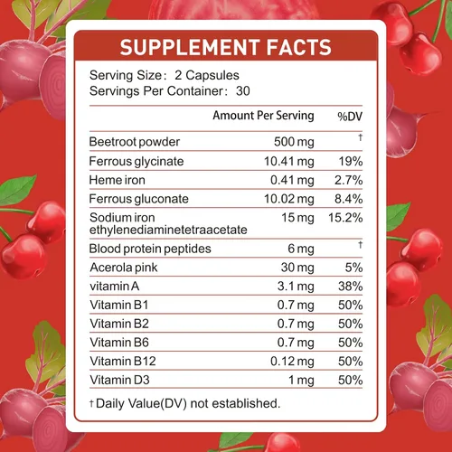 Vista 2 de Suplemento de hierro de 36 mg con 500 mg de remolacha, hierro quelado cuádruple y péptido de hemoglobina sinérgica – Absorción mejorada sin efectos