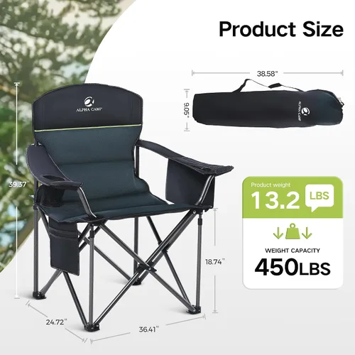 Vista 10 de GREEN PARTY Silla plegable de camping de gran tamaño resistente con bolsa refrigeradora, soporte para tazas, bolsillo de almacenamiento, silla