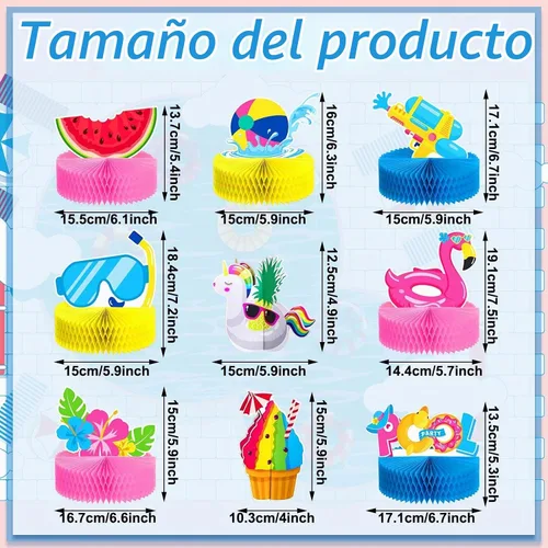 Vista 2 de Teling 9 piezas de centros de mesa de panal de abeja de verano para piscina, playa, decoración 3D de doble cara sandía panal de abeja flamenco