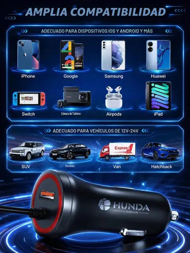 Vista 5 de HUNDA Cargador rápido para auto de 48 W, doble puerto de carga súper rápida con PD3.0 y QC4.0, accesorios de automóvil con cable Lightning