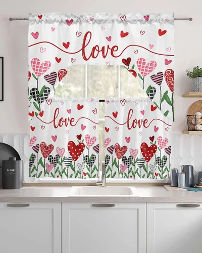 Vista 8 de Cortinas de Gnomos de San Valentín con Cenefa para Cocina, Cortinas con Bolsillo para Barra para Dormitorio, Sala de Estar, Baño, Cafetería, Negro