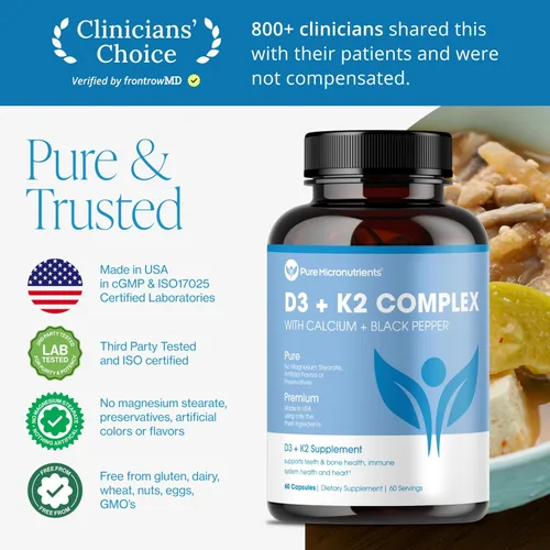 Vista 7 de Pure Micronutrients Suplemento de vitamina D3 K2 MK7 100mcg, D3 5000 iu, calcio + bioperina Salud muscular y ósea, corazón, inmunidad y apoyo