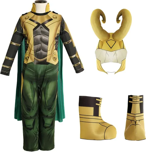 Vista 3 de Disfraz de Loki para niños, disfraz de Halloween, con casco, para niños y niñas de 3 a 14 años