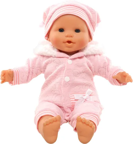 Vista 6 de Miunana Ropa de muñeca de bebé de 14 a 16 pulgadas, overol rosa con capucha y gorro hecho a mano