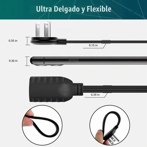 Vista 2 de Elecan Cable de extensión de enchufe plano de 12 pies con diseño de enchufe delgado que ahorra espacio, cable plano delgado de bajo perfil, cable