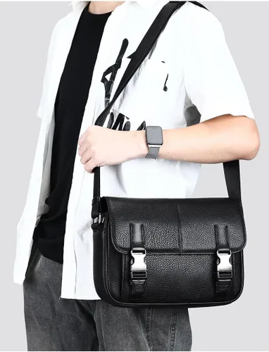 Vista 3 de Bolso bandolera de cuero genuino para hombre, estilo vintage, hecho a mano, bolso cruzado casual para viajes de negocios