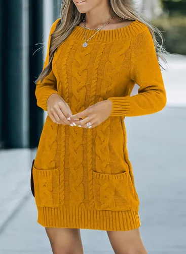 Vista 3 de AZOKOE Vestido de suéter ajustado con hombros descubiertos para mujer, suéter largo de punto