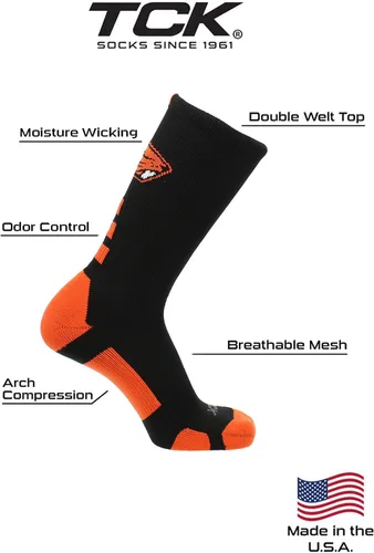 Vista 3 de NCAA Baseline Crew USA Made - Calcetines oficiales de rendimiento atlético universitario Negro/Naranja