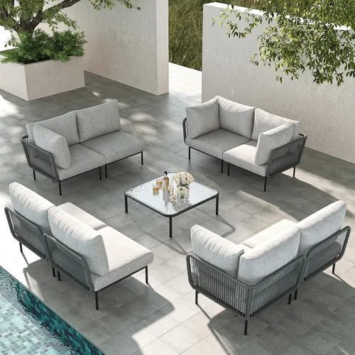 Vista 29 de LayinSun Juego de muebles de patio de aluminio de 7 piezas, sofá modular moderno con mesa auxiliar y cojín de grosor mejorado Gris claro