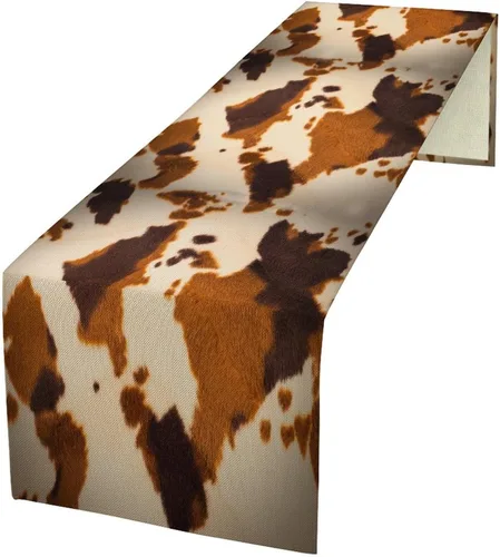Vista 56 de Camino de mesa con estampado de piel de vaca, lino y algodón, rústico, estilo occidental, color negro, marrón, piel de vaca, para decoración