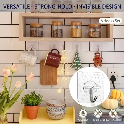 Vista 7 de Ganchos de pared adhesivos resistentes, acero inoxidable transparente, paquete de 12 – carga máxima de 24 libras, ganchos reutilizables impermeables
