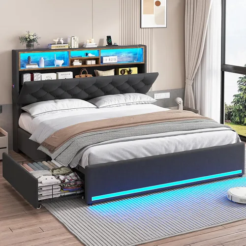 Vista 10 de HAUOMS - Base de cama Queen con cabecero y 4 cajones, tapizado de poliuretano negro Pu Negro