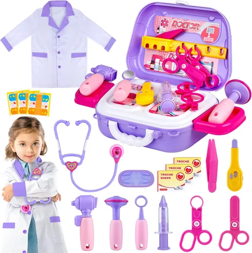 Vista 8 de Disfraz de doctor para niños – Juego de juguetes de simulación médica para niñas – Kit de médicos para niños pequeños de 3 a 5 años – Conjuntos