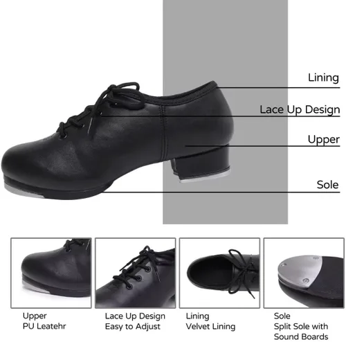 Vista 2 de Zapatos de jazz tap para mujer zapatos de baile de cuero con cordones para niñas y adultos, zapatos de jazz de tacón plano con suela dividida
