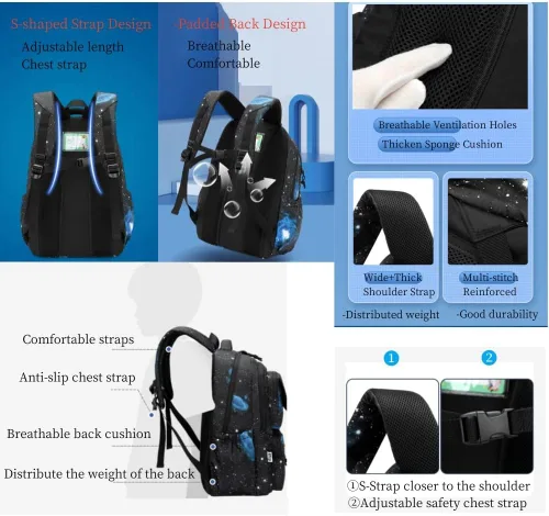 Vista 5 de Boys Backpacks for Primary Junior School Kids Backpack with Lunch Box Galaxy Space Bookbags for Boys Girls