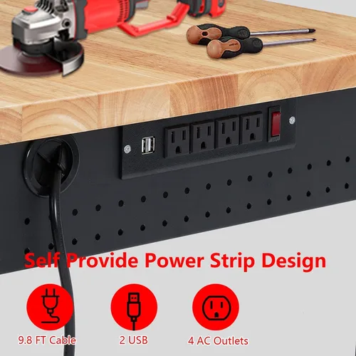Vista 5 de 60"x22" Heavy Duty Adjustable Rolling Workbench with Power Outlets, Rubberwood Tabletop & 2000 LBS Capacity - Work Table for Garage Workshop with