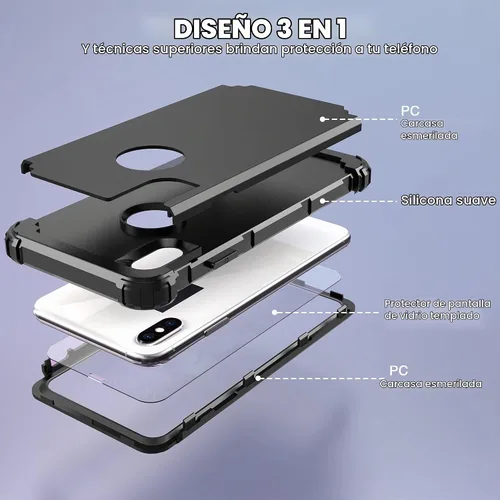 Vista 8 de IDweel Funda para iPhone Xs Max con protector de pantalla de vidrio templado, absorción de golpes 3 en 1, protección resistente, cubierta de Negro