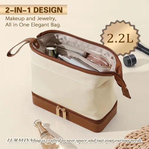 Vista 2 de Joyero y bolsa de maquillaje 2 en 1 con espejo, organizador versátil de viaje para joyas, bolsa de cosméticos, bolsa de aseo portátil con estuche