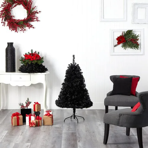 Vista 10 de Nearly Natural Árbol de Navidad artificial negro de 4 pies con 170 luces LED transparentes