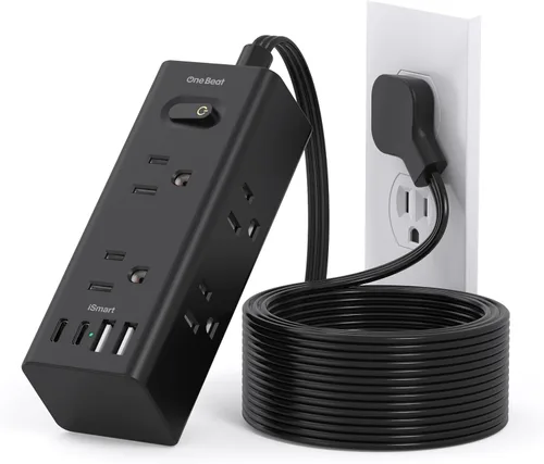 Vista 14 de Cable de extensión de 1 pie con múltiples tomas, regleta de alimentación de enchufe plano con cable de 1 pie, 6 tomas de corriente, 4 puertos USB