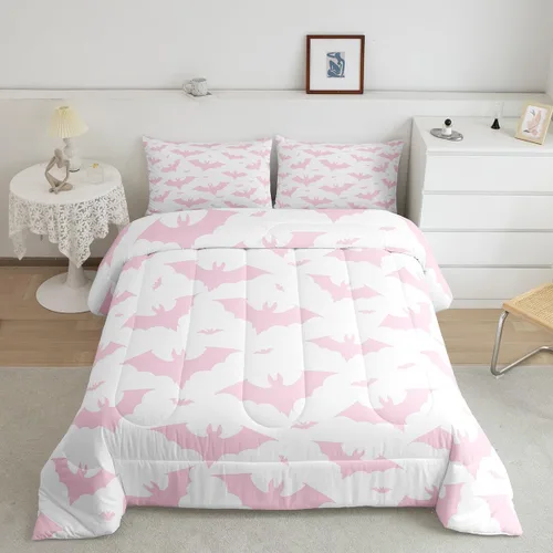 Vista 25 de Feelyou Juego de edredón de Halloween, color rosa fantasma, juego de ropa de cama tamaño individual, decoración para niños y niñas, lindo juego
