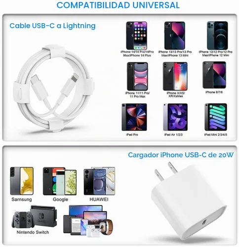 Vista 6 de Cargador USB C para iPhone, carga rápida, paquete de 3 unidades de 20 W, tipo C, cargador de pared con cable de carga USB C de 6 pies de largo