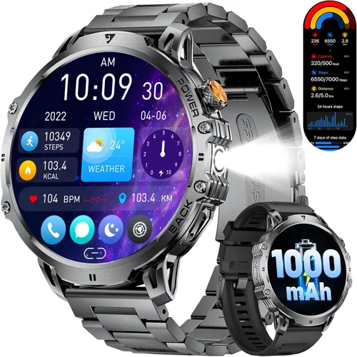Vista 9 de LIGE - Reloj inteligente militar para hombre, pantalla táctil AMOLED HD grande de 1.75"/730mAh, relojes inteligentes con luz LED para Android iOS