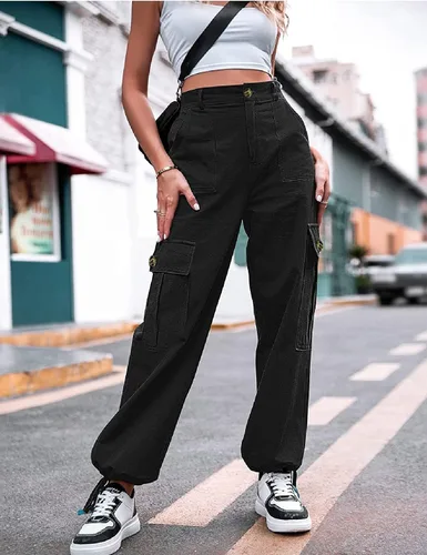 Vista 3 de Pantalones cargo de cintura alta para mujer, holgados, pierna ancha, pantalones casuales Y2K con 6 bolsillos, cordón en los tobillos, color negro