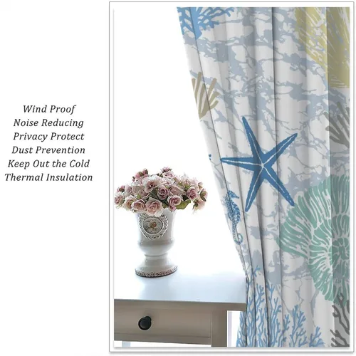 Vista 62 de Cortinas de decoración de playa con océano azul, peces náuticos costeros playeros de verano, conchas marinas, temática infantil, dormitorio, sala