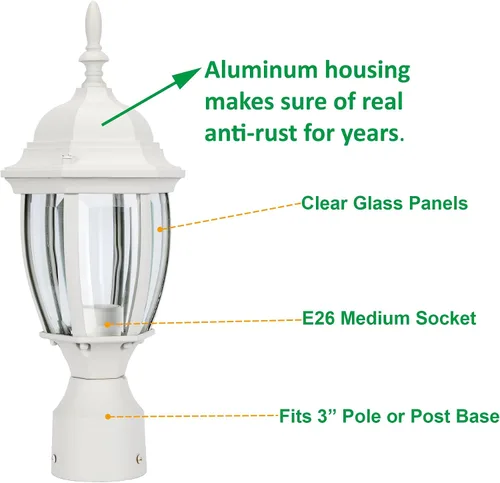 Vista 2 de LIT-PaTH Farol de poste de iluminación para exteriores, base mediana E26 máx. 60 W, carcasa de aluminio más vidrio, acabado blanco mate, paquete de 1