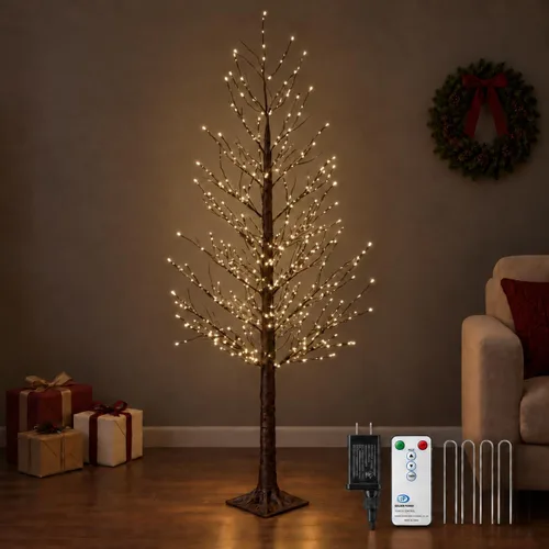 Vista 9 de Árbol de abedul iluminado de 7 pies, 1000 luces LED multicolor con luces parpadeantes, modos parpadeantes o constantes, alambre de alta densidad
