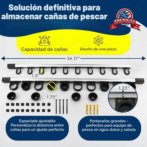 Vista 4 de Rush Creek Creations Estante de almacenamiento de caña de pescar de pared o techo para 10 cañas, soporte vertical u horizontal para caña de pescar