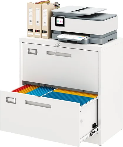 Vista 10 de Archivador de metal con 2 cajones con cerradura, gabinete archivador con soporte para impresora móvil y estantes para archivos de tamaño Negro