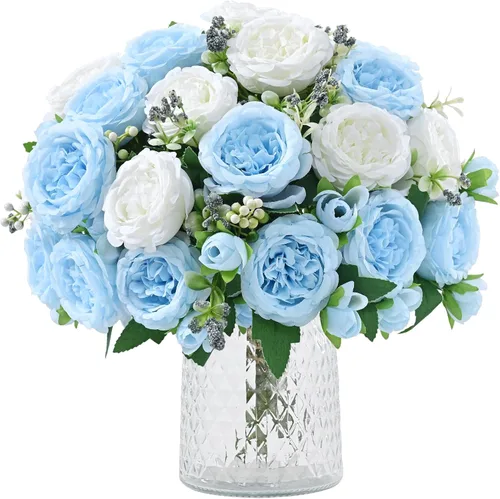 Vista 12 de MARTINE MALL 2 Paquetes de Flores Artificiales de Peonía, Flores Artificiales Azules de Peonía, Flores de Seda de Peonía, Flores de Peonía Falsas