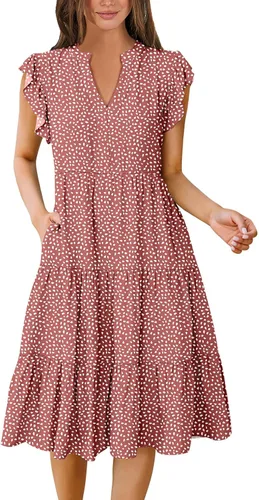 Vista 9 de ANRABESS Vestido de verano para mujer, manga con volantes, cuello en V, vestido midi a la moda, casual, holgado, escalonado, bohemio, playa