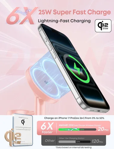 Vista 2 de Aeinidi Estación de carga rápida inalámbrica 3 en 1 de 25 W para cargador MagSafe de Apple Rosa