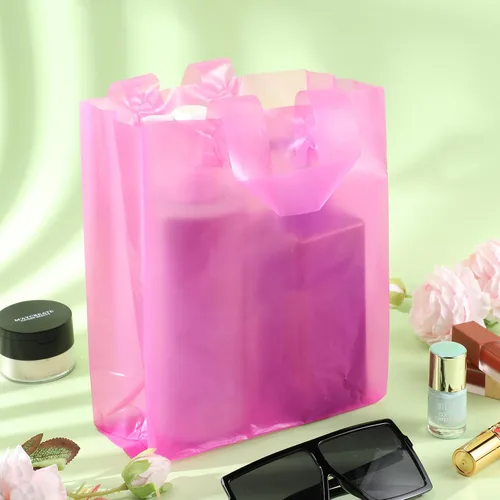 Vista 7 de Qilery Paquete de 100 bolsas de regalo de plástico esmerilado con asas, pequeñas bolsas de plástico de 8 x 4 x 10 pulgadas para pequeñas empresas