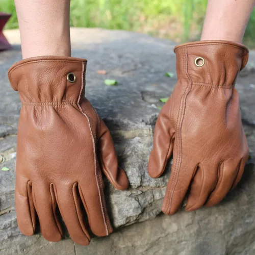 Vista 5 de Guantes de trabajo de cuero de vaca marrón retro para construcción, jardinería y trabajo en el jardín con palma reforzada para hombres y mujeres
