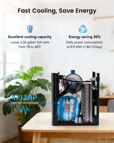 Vista 2 de BAOSHISHAN 1/13 HP Enfriador de acuario 26 galones 100L sistema de refrigeración por agua Quiet Compressor Refrigeration, Precise Cooling Aquarium