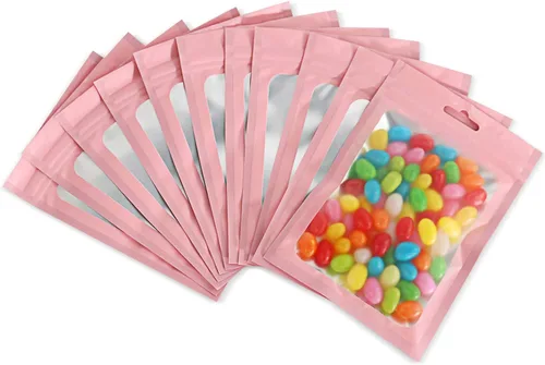 Vista 11 de 100 bolsas de Mylar resellables, a prueba de olores, con ventana transparente; bolsa de papel aluminio, plana, con cierre resellable.