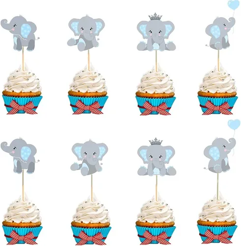 Vista 6 de 48 piezas de decoración de elefante azul para cupcakes, de doble cara, con texto en inglés "It is A Boy" Elefante, decoración de cupcakes