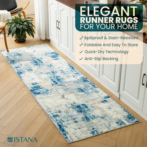 Vista 6 de Istana Alfombra larga antideslizante de 2.5 x 8 para el hogar, para pasillo y cocina, lavable, sedosa y suave al tacto, elegante, color azul y marfil