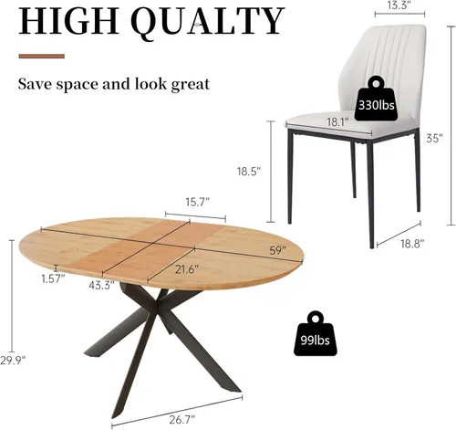 Vista 6 de HIPIHOM Juego de mesa de comedor redonda extensible de 43.2"-59.1", mesa de cocina para 4-6 personas con tablero de MDF engrosado resistente a Mesa