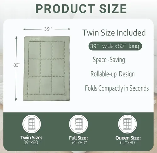 Vista 2 de Colchón japonés de suelo tipo futón, tamaño individual (39 x 80 pulgadas), colchón plegable de tatami, portátil, enrollable, para adultos, cama