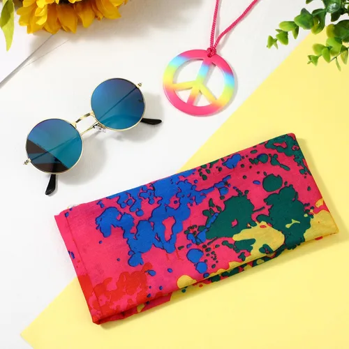 Vista 7 de Frienda - 3 piezas de accesorios hippie para disfraz de leopardo teñido anudado de los años 70, diademas hippie para hombres, collar con signo