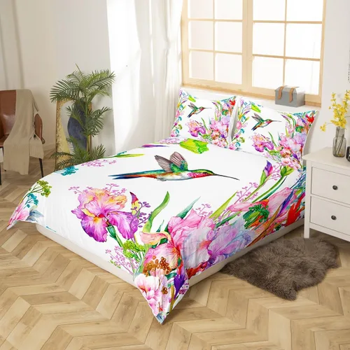 Vista 2 de Juego de ropa de cama floral, funda de edredón de flores de iris de colibrí, tamaño matrimonial, jardín, botánico, magnífica, funda de edredón