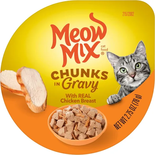 Vista 2 de Meow Mix Trozos en salsa, comida húmeda para gatos con pechuga de pollo real, 12 tazas