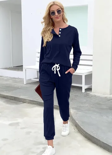Vista 95 de Wiholl - Conjuntos de dos piezas para mujer: ropa cómoda con sudadera abotonada y pantalones deportivos con bolsillos