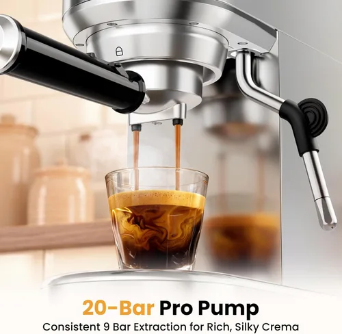 Vista 3 de Máquina de café espresso de 20 bares, cafetera compacta con espumador de leche, cafetera de acero inoxidable con tanque de agua extraíble de 34